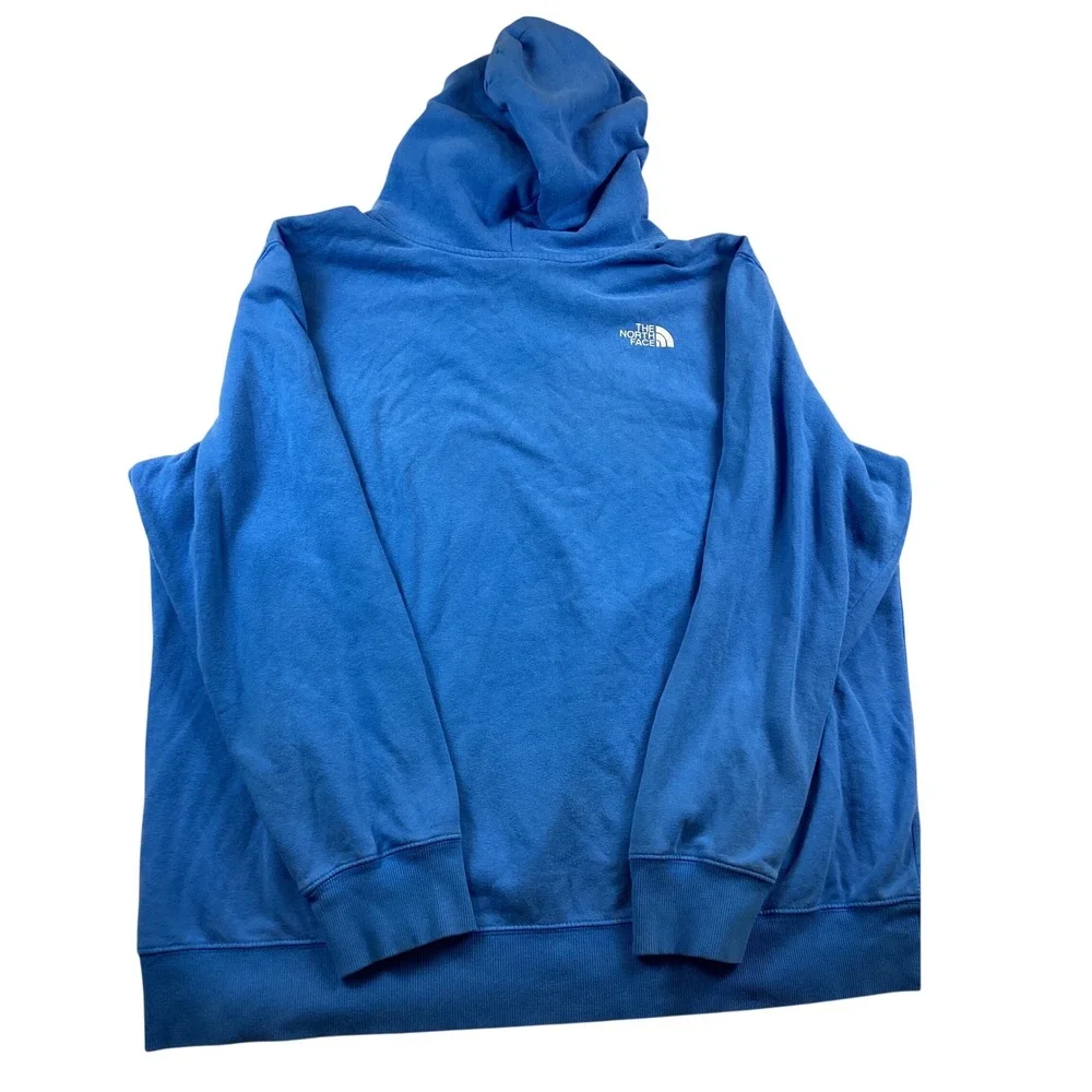 The North Face Mens XXL Blue Fleece Hoodie Chest Stripe Logo Pullover Sweatshirt